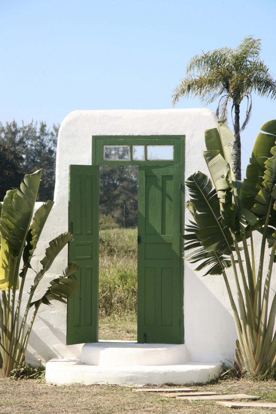 Porta verde emoldurada por bananeiras